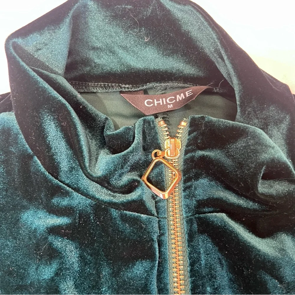 Chicme Velvet Zipper Ruched Longsleeve Jumpsuit Elastic Waistbelt Green Size M - Picture 5 of 12